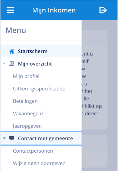 Het menu van Mijn inkomen op smartphone
