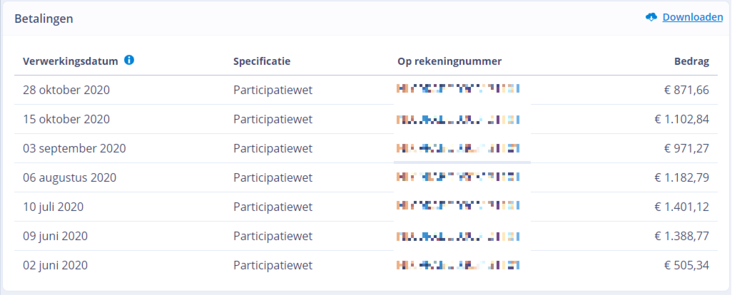 Pagina met een overzicht van betalingen